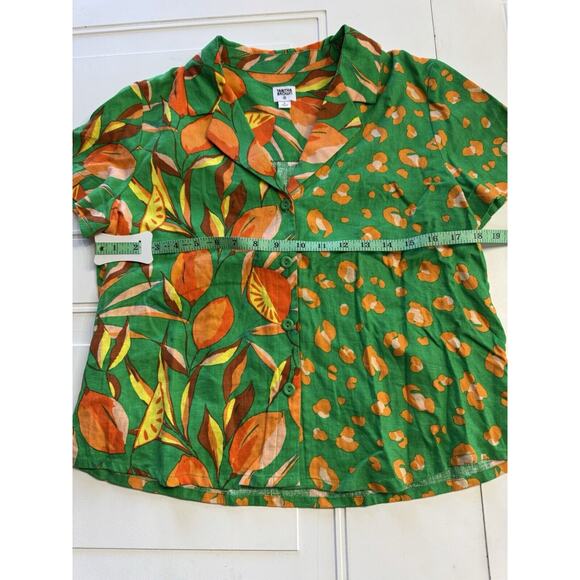Tabitha Brown Target Button-Up Shirt Linen Small Green Leopard Orange Print Top - Picture 5 of 5